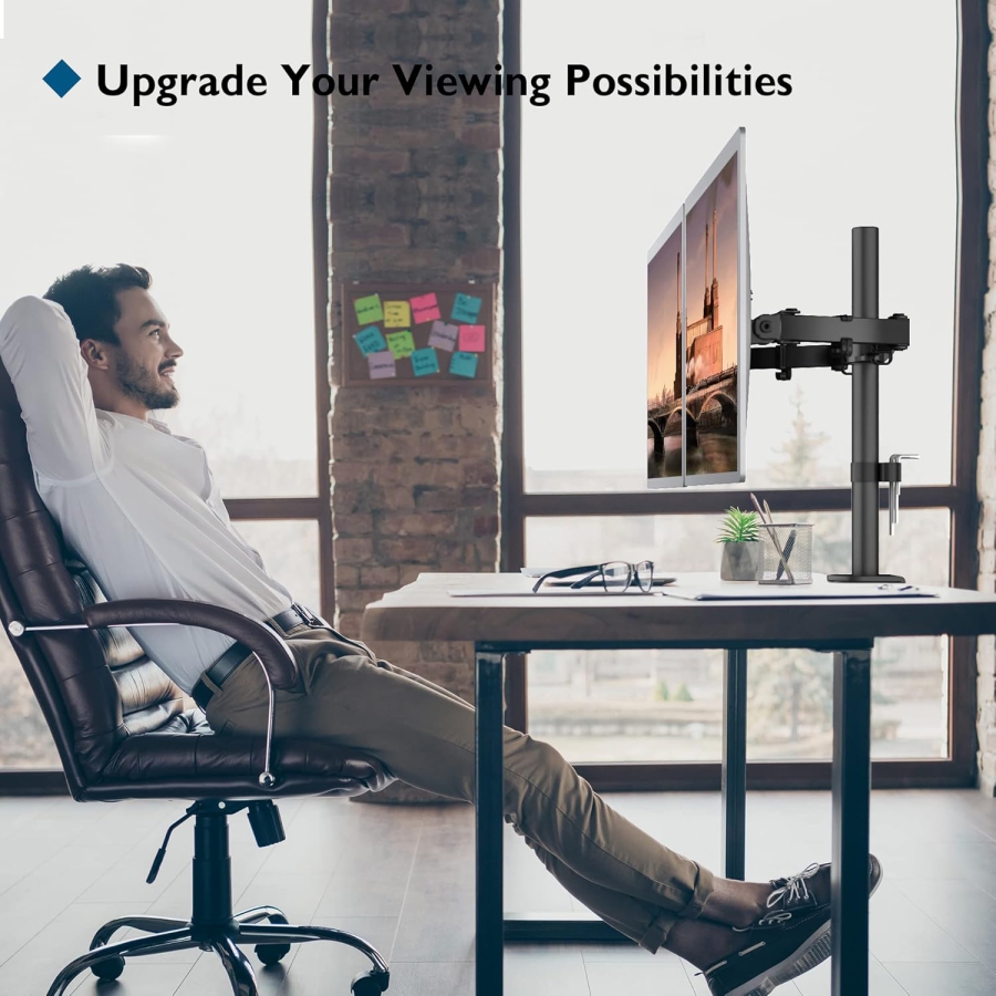 BONTEC Soporte Doble Monitor [13-27"] hasta 10kg/Brazo – Ajustable en Altura (Setup doble monitor ergonómico: Ideal para teletrabajo y oficina – Montaje sencillo.)